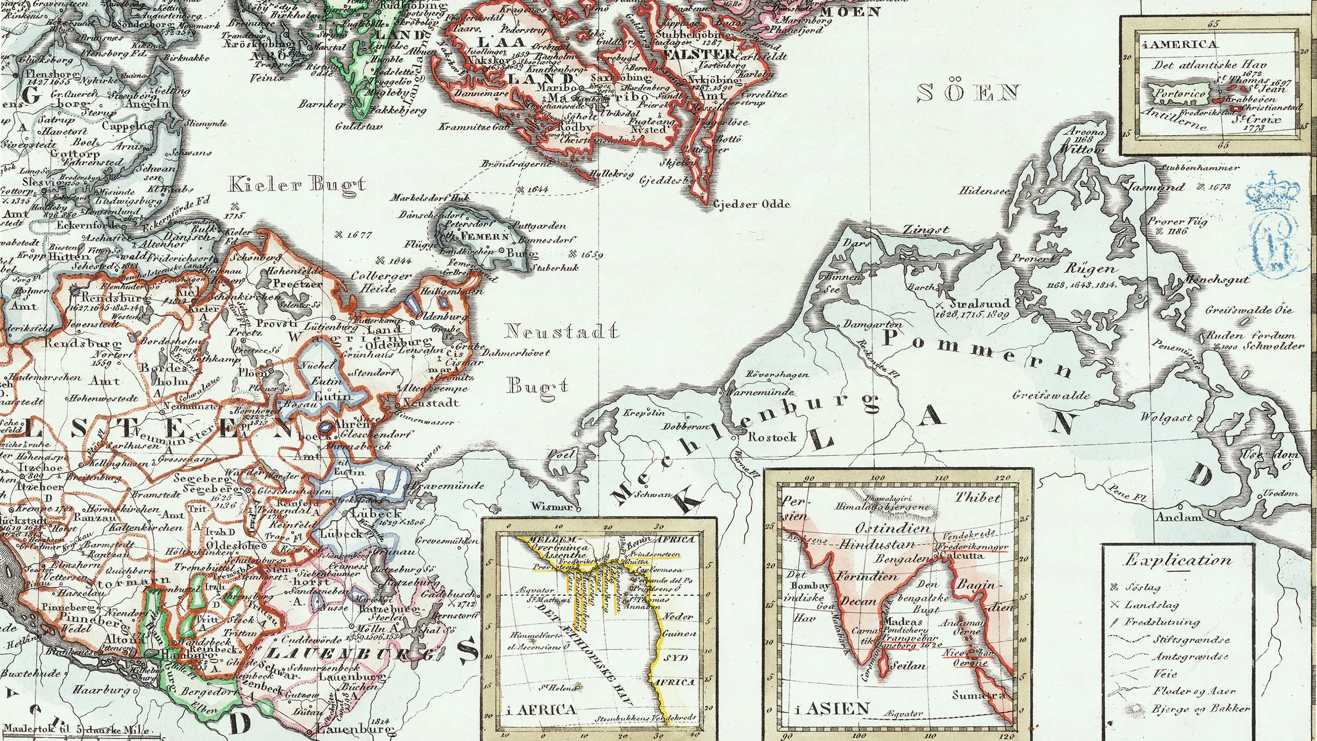 Detalje af J. L. Jessens kort over Danmark med bilande, kolonier og støttepunkter fra 1837