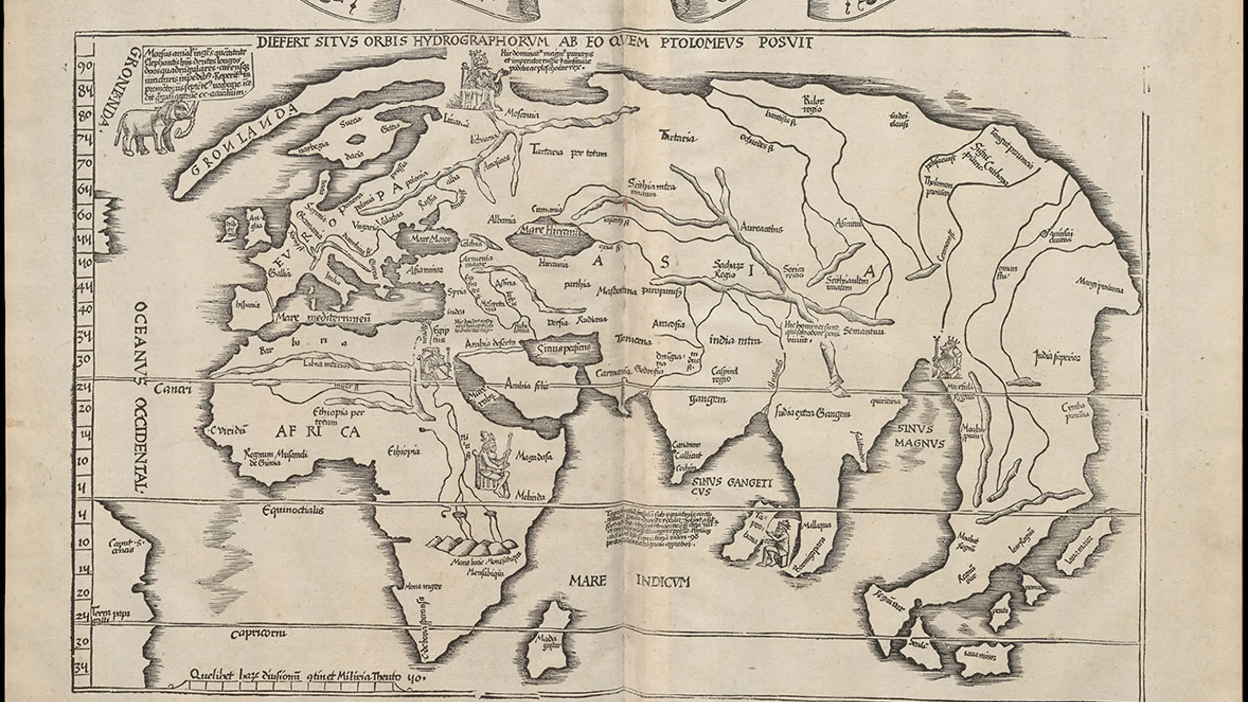 Det ældste kort i Håndbiblioteket er fra 1535. Det er Skandinavien afbildet i: Claudii Ptolemæi Alexandrini geographicæ enarrationis libri octo Ex. Bilibaldi Pirckeymheri tralatione, Lugduni 1535