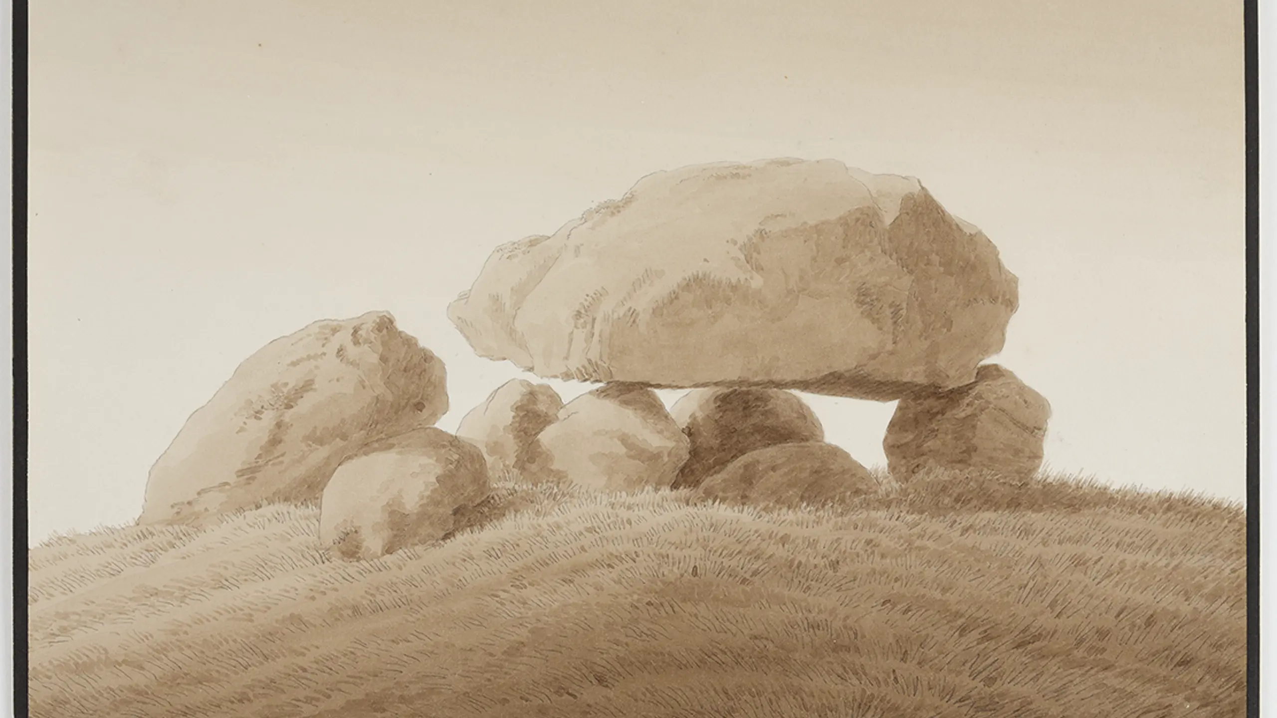 Oldtidsgrav ved Gützkow (21,7 x 29,8 cm). Friedrich benyttede sig ofte af oldtidsgrave og stendynger i sine malerier og tegninger. Denne grav har Friedrich fundet tæt på sin hjemby Griefswald. Tegningen er muligvis efter forlæg fra Friedrichs berømte værk ”Stendysse under sne” fra 1807. Det er blevet foreslået, at J. Th. Lundbye kan have set denne tegning, og at den kunne have været inspirationen for hans maleri ’En gravhøj fra oldtiden ved Raklev på Refsnæs’ (1839).