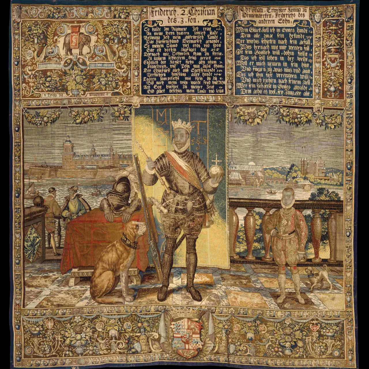Frederik 2. og sønnen Christian (4.) på ”Kronborgtapetet” (Hans Knieper, 1581-1584)