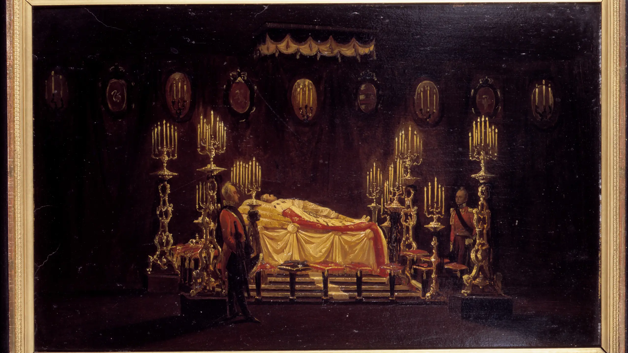 Christian VIII died on 20 January 1848. The painting shows The King lying in state, surrounded by the four large silver gueridons, which are now on display in the Great Hall at Rosenborg Castle.  